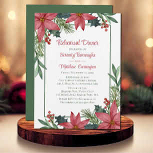 Poinsettia Red Christmas Floral Rehearsal Dinner  Invitation
