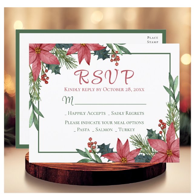 Poinsettia Red Christmas Floral Wedding RSVP Postcard (Creator Uploaded)