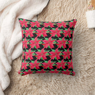 Poinsettia Red Floral Christmas Flower  Throw Pillow