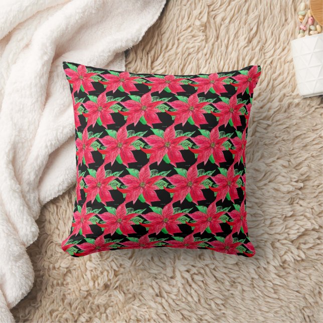 Poinsettia Red Floral Christmas Flower  Throw Pillow (Blanket)