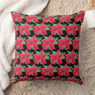 Poinsettia Red Floral Christmas Flower Throw Pillow