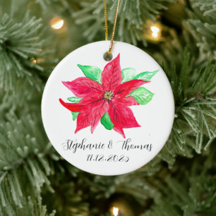 Poinsettia Red Floral Christmas Flower Wedding Ceramic Ornament