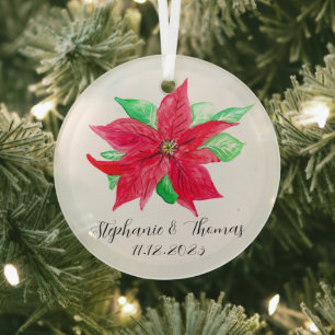 Poinsettia Red Floral Christmas Flower Wedding Glass Ornament
