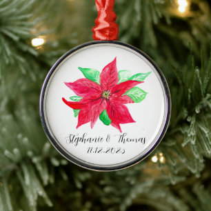 Poinsettia Red Floral Christmas Flower Wedding Metal Ornament