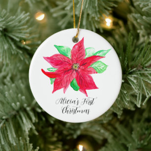Poinsettia Red Floral Flower First Christmas Ceramic Ornament