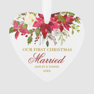 Poinsettia Red Gold First Christmas Married Heart