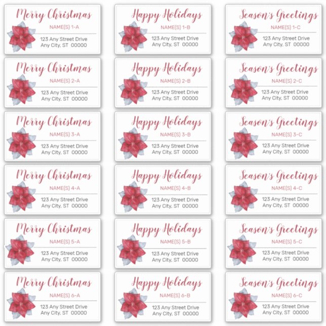 Poinsettia Red | Grey Christmas Address Labels (Front)