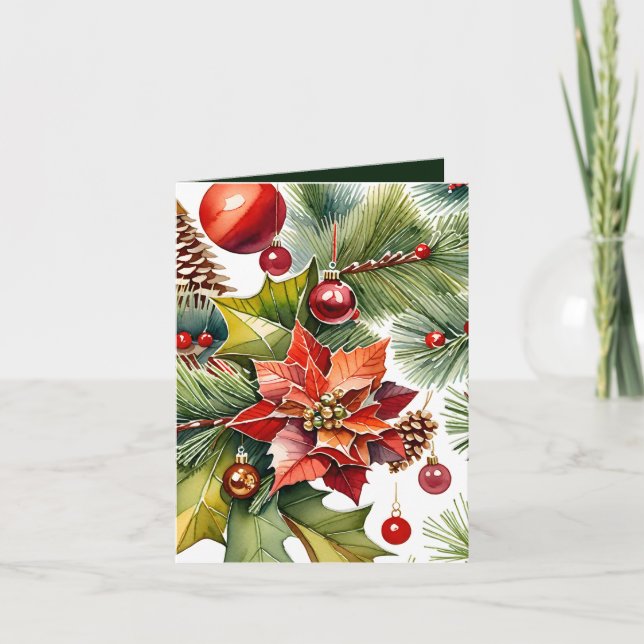 Poinsettia & Red Ornament Photo & Fact Christmas Card (Front)