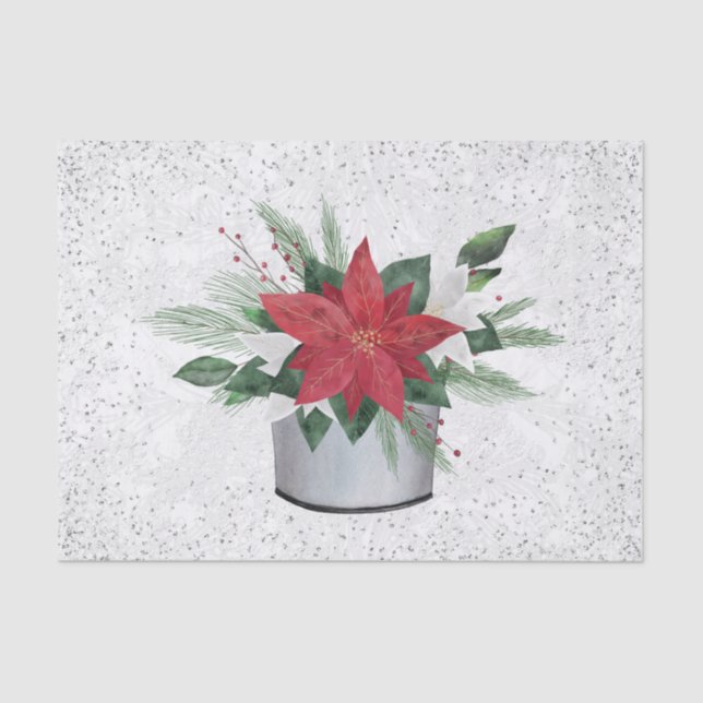 Poinsettia Red Silver Confetti  Christmas Tissue Paper (Front)