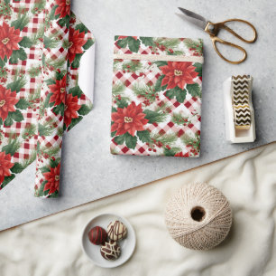 Poinsettia Red White Check Pattern Christmas Gift Wrapping Paper