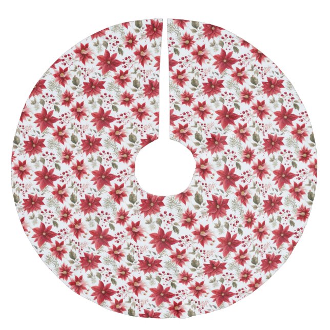 Poinsettia Red White Green Holiday Christmas Brushed Polyester Tree Skirt (Front)