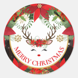 Poinsettia & Reindeer face Christmas Classic Round Sticker