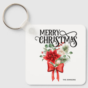 Poinsettia Roses Christmas Flower Bouquet Keychain