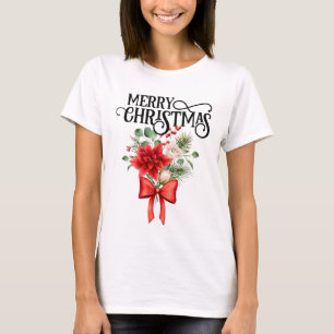 Poinsettia Roses Christmas Flower Bouquet T-Shirt
