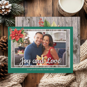 Poinsettia Rustic Wood Green Family Photo  Holiday Card