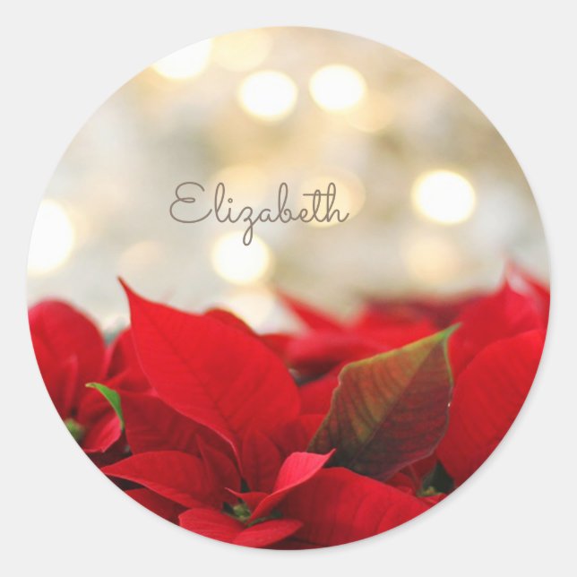 Poinsettia, Shiny Gold Snowflakes- Personalized Classic Round Sticker (Front)