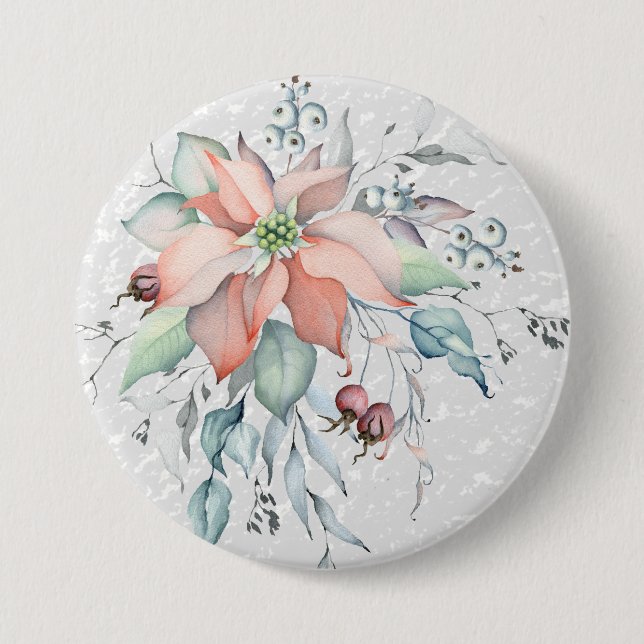 Poinsettia Snow scene, leaves, berries, corsage 3 Inch Round Button (Front)