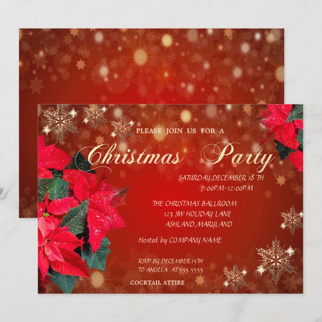 Poinsettia Snowflakes,Corporate Christmas Party Invitation (Front/Back)