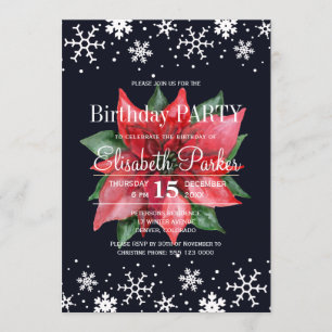 Poinsettia snowflakes dark blue birthday party invitation