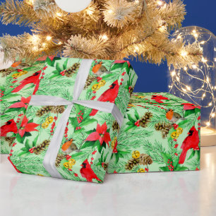Poinsettia Spruce Branches Cones Robin Cardinals Wrapping Paper