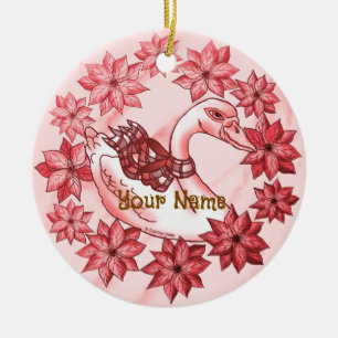 Poinsettia Swan Ceramic Ornament