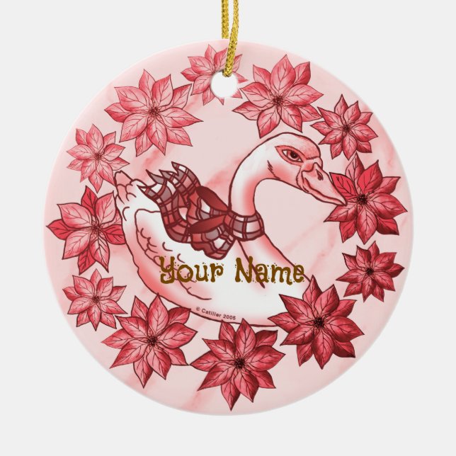 Poinsettia Swan Ceramic Ornament (Front)