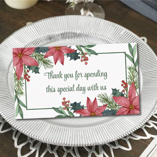 Poinsettia Thank You Green Red Christmas Wedding Place Card (Creator Uploaded)