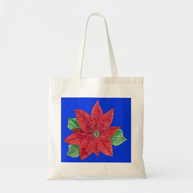 Poinsettia Tote Bag, Blue Background Bag (Front)