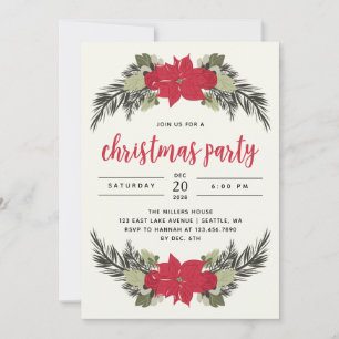 Poinsettia Typograhy Vintage Christmas Party Invitation