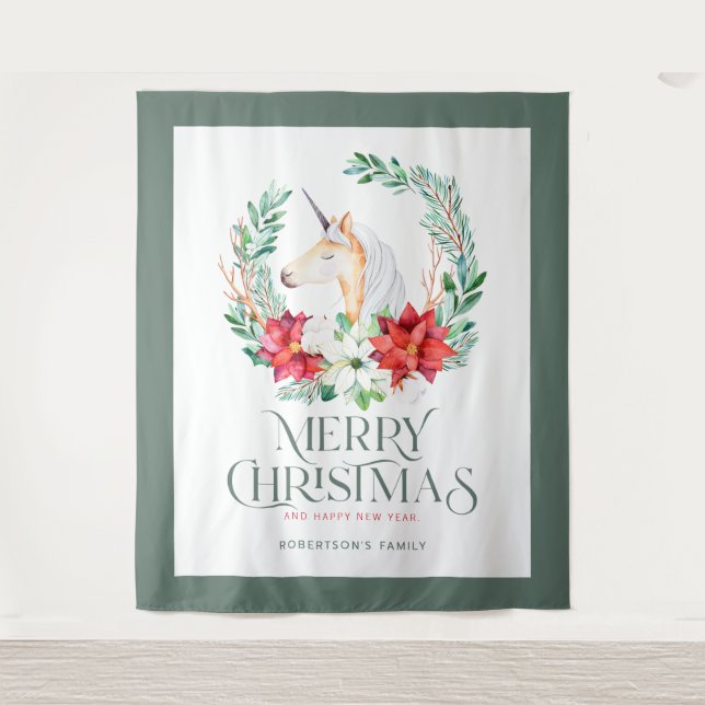 Poinsettia unicorn wreath and Christmas typography Tapestry (Front)