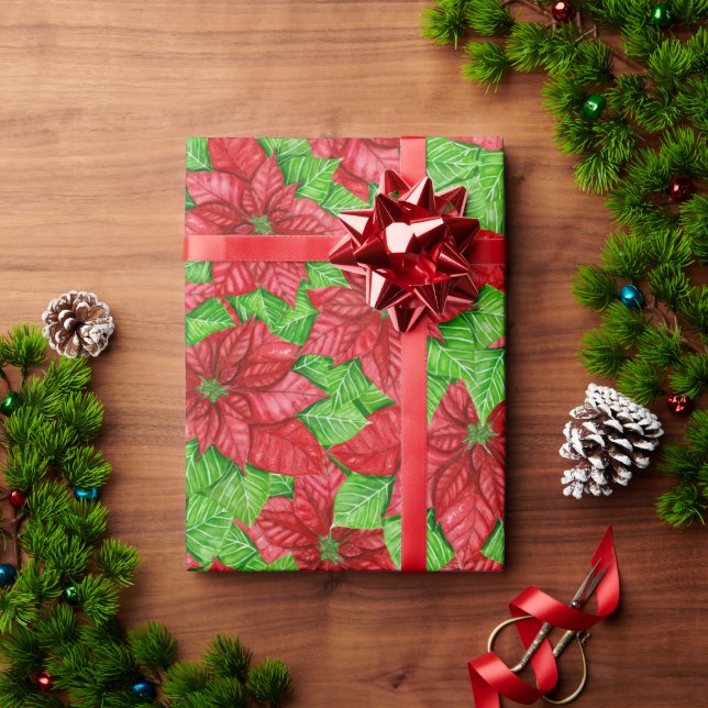 Poinsettia watercolor Christmas pattern Wrapping P Wrapping Paper (Holiday Gift)