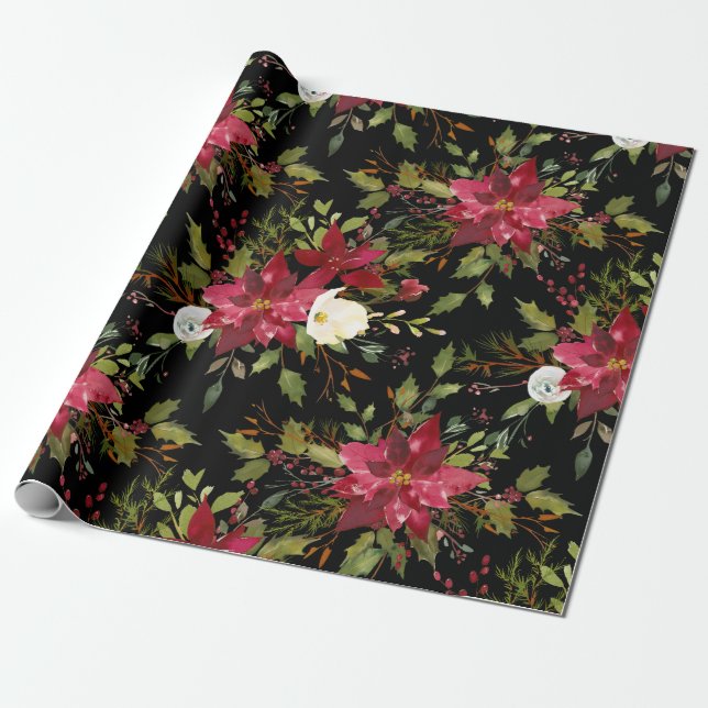 Poinsettia Watercolor Floral Christmas Black Red Wrapping Paper (Unrolled)