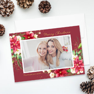Poinsettia Watercolor Floral Red Photo Holiday Card