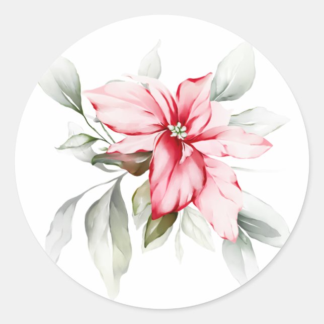 Poinsettia watercolour branches winter holiday classic round sticker (Front)