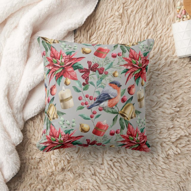 Poinsettia Winter Bird Holiday Pattern Throw Pillow (Blanket)