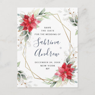 Poinsettia Winter Greenery Wedding Save the Date Postcard