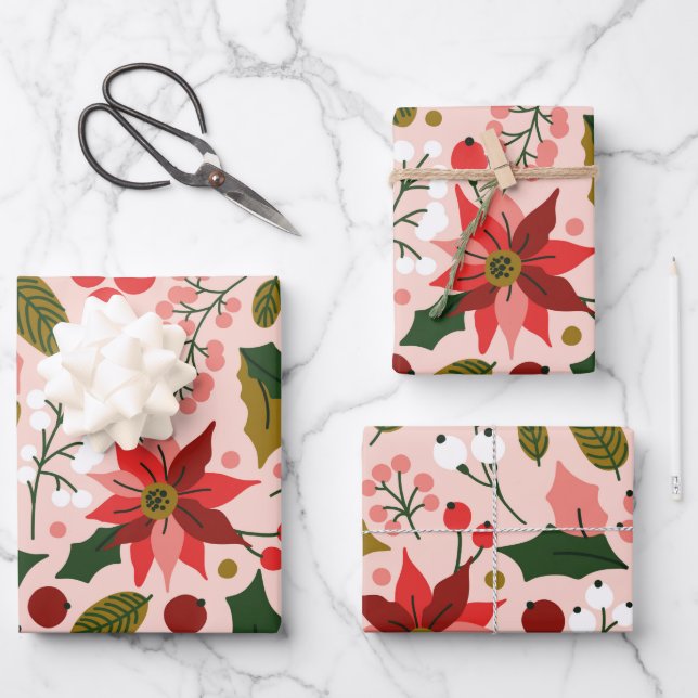 Poinsettia winter holiday wrapping paper (Front)