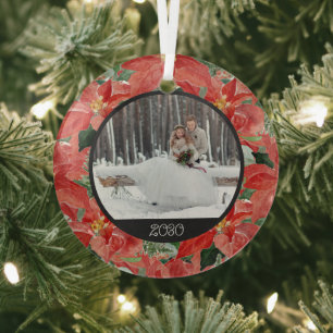 Poinsettia Winter   Photo & Year Keepsake Glass Or Ornament