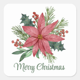 Poinsettia Winter Red Floral Merry Christmas Square Sticker