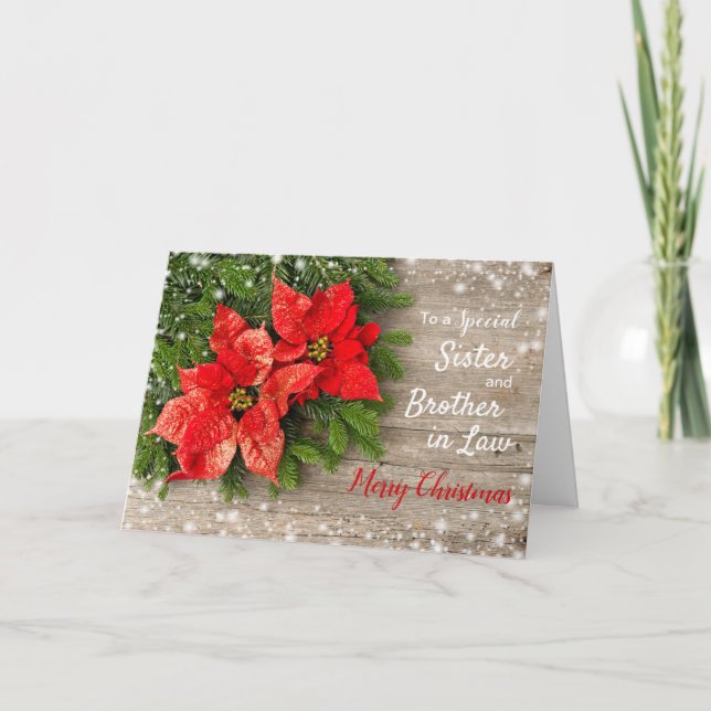 Poinsettia, wood Christmas Sister & Brother in Law Holiday Card (Front)