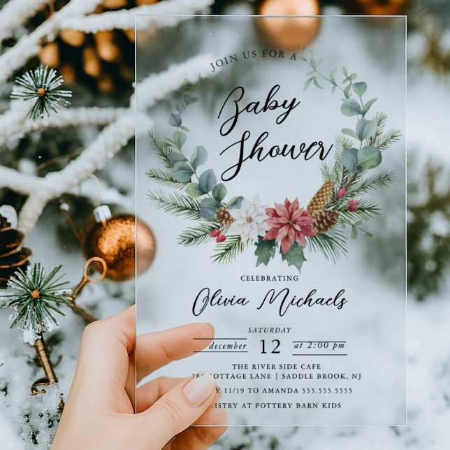 Poinsettia Wreath Acrylic Baby Shower Invitation (Creator Uploaded)