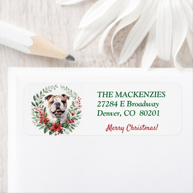 Poinsettia Wreath Bulldog Holiday Adresse de retou (En situation)