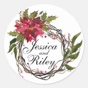 Poinsettia Wreath Leaves & Berries Monogram Classic Round Sticker