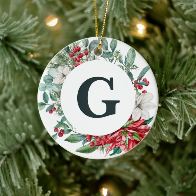 Poinsettia wreath monogram ornament (Tree)