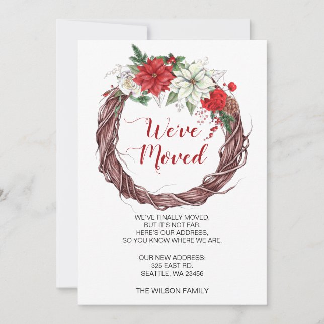 Poinsettia Wreath Nous avons Déménagé Faire-part d (Devant)