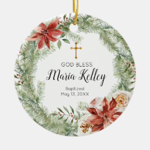 Poinsettia Wreath Personalized Girl Baptism  Ceramic Ornament