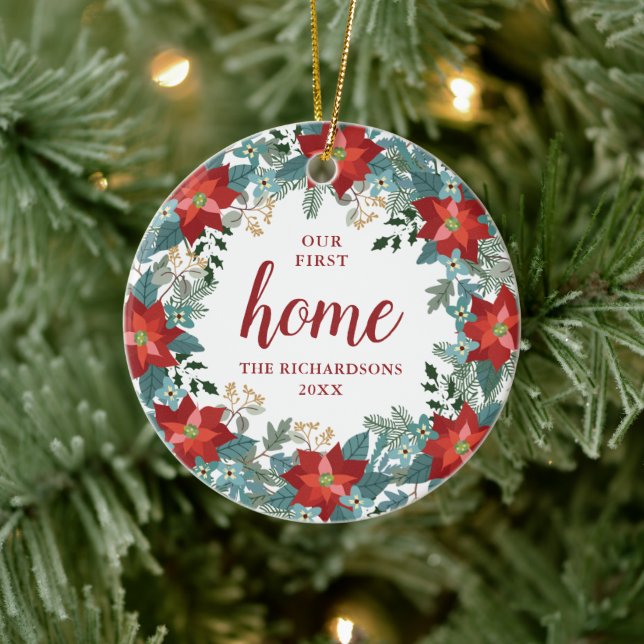 Poinsettia Wreath Personalized Our First Home Xmas Ceramic Ornament (Tree)