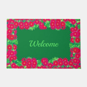 Poinsettia Wreath Personalized Red & Forest Green Doormat