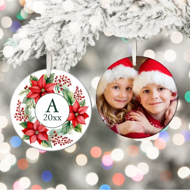 Poinsettia Wreath Photo Monogram Year  Ceramic Ornament (Poinsettia wreath/monogram/year/photo Christmas ornament)