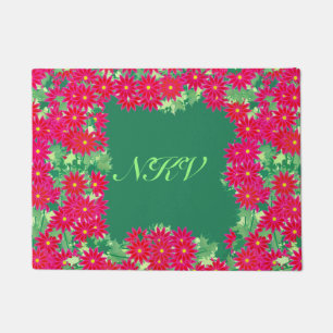 Poinsettia Wreath with Monogram, Red and Green Doormat